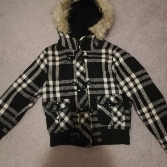 Fashion Plaid jacket with faux fur hood - Picture 2 of 2